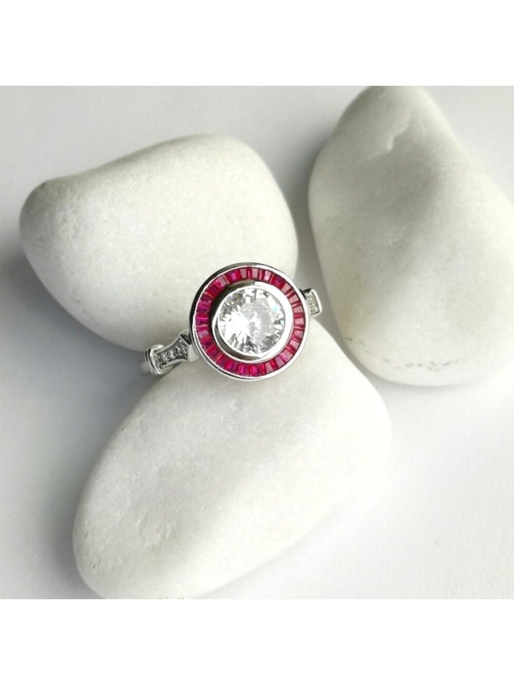 Art Deco White Sapphire and Ruby Ring in Sterling Silver engagement